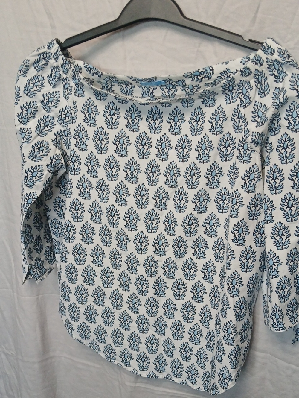 Women's White Blouse with Blue Floral Print Off The Shoulder Or On Blouse